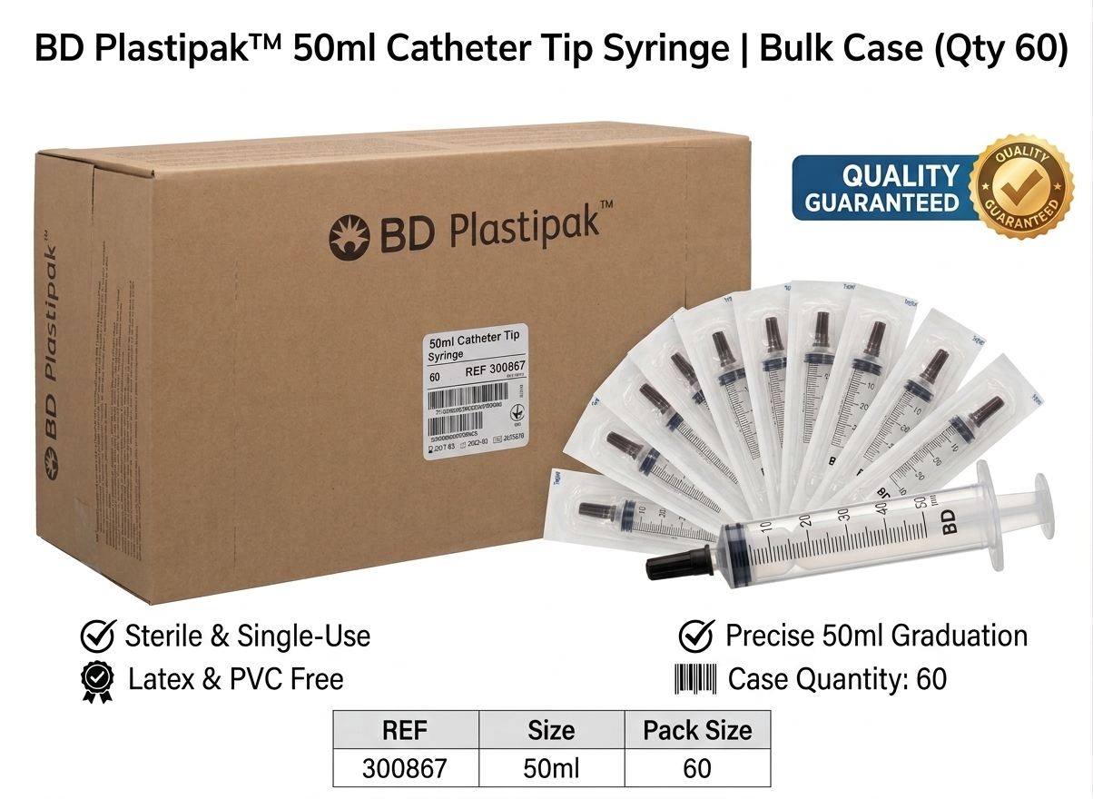 50ml BD Plastipak Catheter tip Syringe || Sterile, 3-Part Irrigation Syringe || Pack of 60 (MPN: 300867)