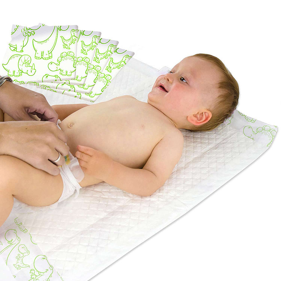 Disposable Baby Underlays || 40 x 60 cm - Dinosaurs print in Green || Pack of 50