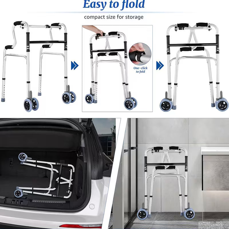 Folding Walking Frame || Lightweight Aluminum Adjustable Walker with Wheels and Built-In Seat