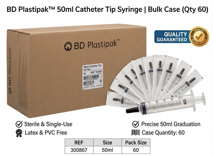 50ml BD Plastipak Catheter tip Syringe || Sterile, 3-Part Irrigation Syringe || Pack of 60 (MPN: 300867)