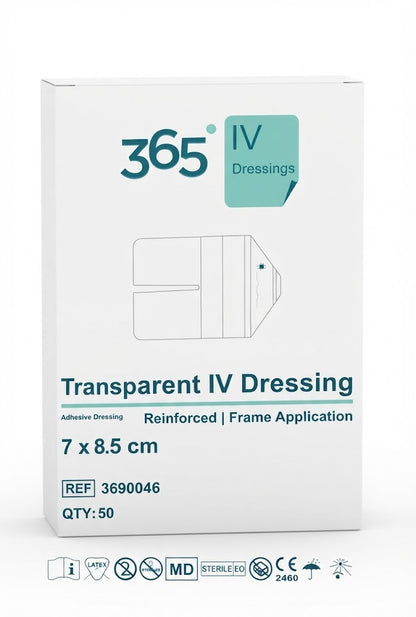 365 Transparent Adhesive Ported IV Dressings || Reinforced, Frame Application - 7 x 8.5 cm || Pack of 50