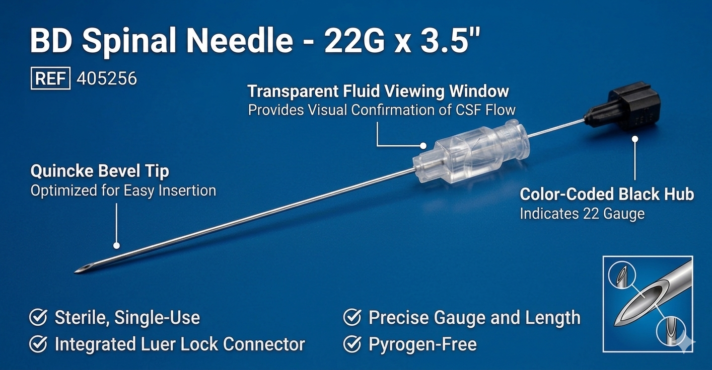 22G x 3.50" BD Quincke Spinal Needle -- (BD Ref: 405256)  || 0.7mm x 90mm || Pack of 25