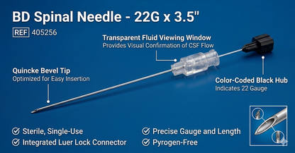 22G x 3.50" BD Quincke Spinal Needle -- (BD Ref: 405256)  || 0.7mm x 90mm || Pack of 25
