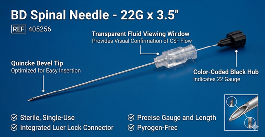 22G x 3.50" BD Quincke Spinal Needle -- (BD Ref: 405256)  || 0.7mm x 90mm || Pack of 25
