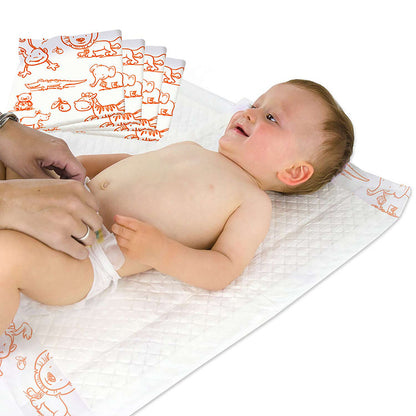 Disposable Baby Underlays || 40 x 60 cm - Zoo Animals print in Orange || Pack of 50