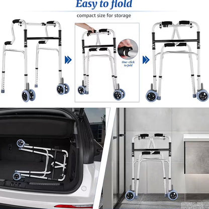 Folding Walking Frame || Lightweight Aluminum Adjustable Walker with Wheels and Built-In Seat