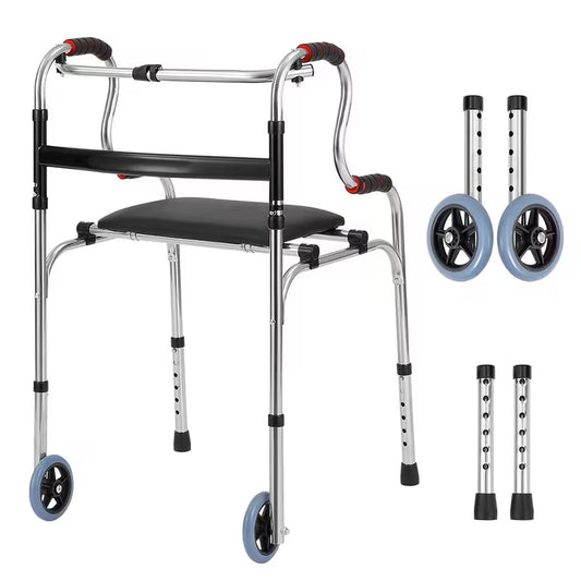 Folding Walking Frame || Lightweight Aluminum Adjustable Walker with Wheels and Built-In Seat